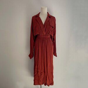 MISA Los Angeles Blair Dress in Burnt Orange  | Long Sleeve Belted Midi | Size S